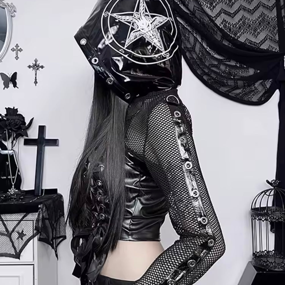Side view of gothic mesh and faux leather jacket showing cropped hemline and edgy streetwear silhouette.