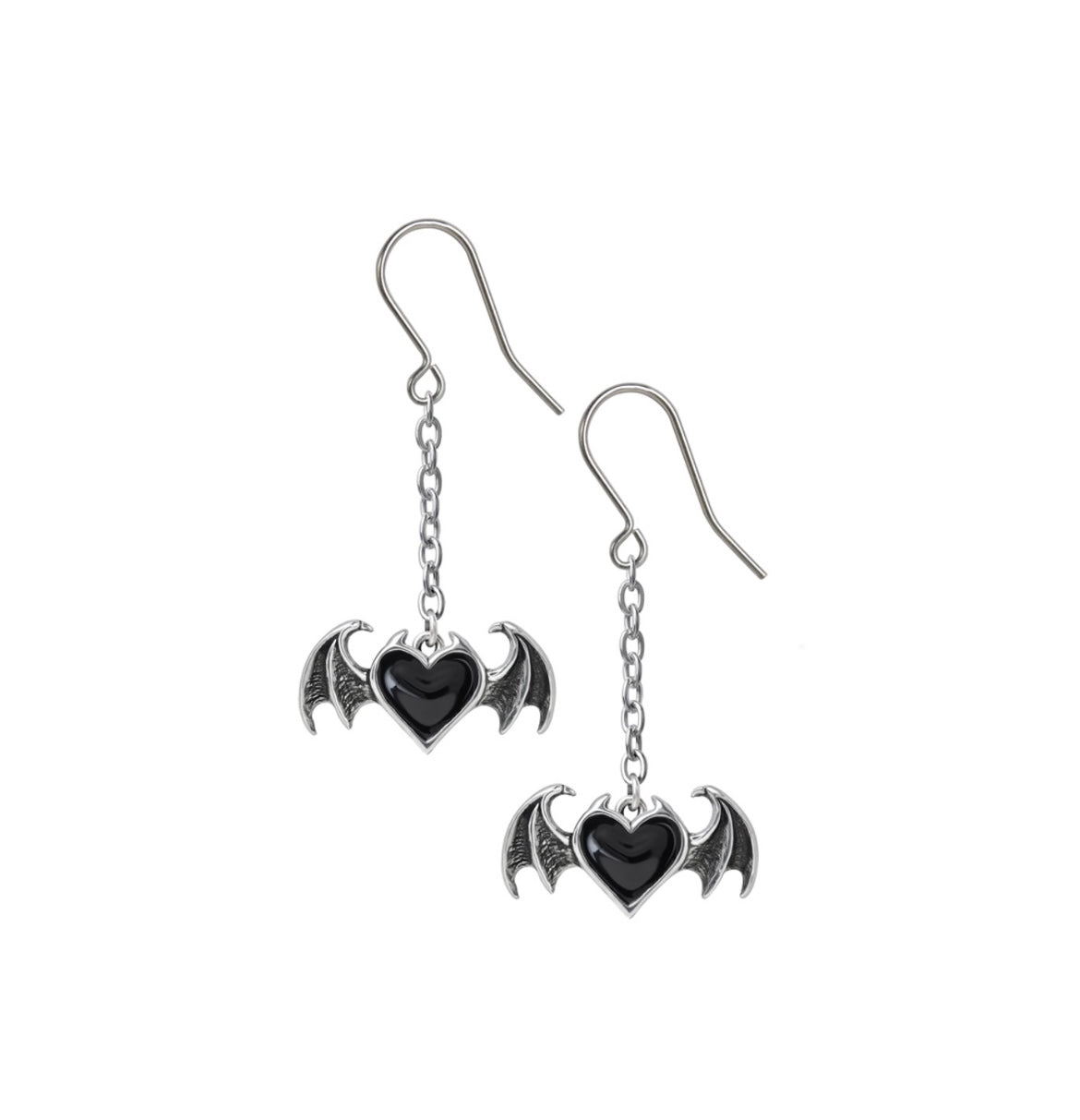 Black demon heart-shaped drop earrings with fine English pewter and enamel detailing, symbolizing gothic seduction.