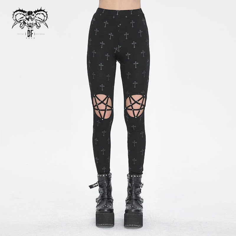 Front view of the Mark of the Beast Gothic Women's Leggings, featuring high-rise styling, open knee cutouts, and bold cross patterns with a striking pentagram cutout.