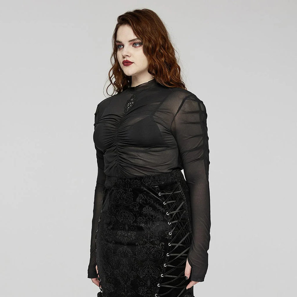 She-Devil Gothic Women's Shirt – Elegant side profile showcasing the delicate floral embroidery on the collar and sleeve cut-out details for a gothic-inspired look.