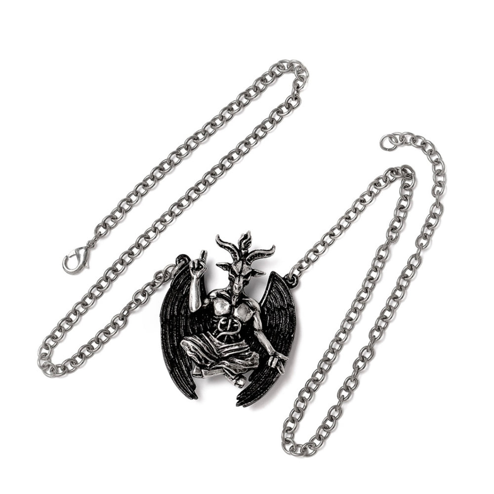 This bold Baphomet necklace is crafted from fine antiqued pewter, with darkened wings and a polished body, making it a unique statement piece for anyone embracing occult symbolism.

