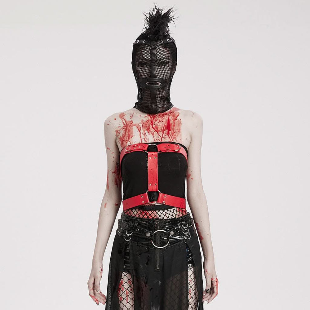 Gothic black punk mask front view with mesh fabric and bold mohawk accent