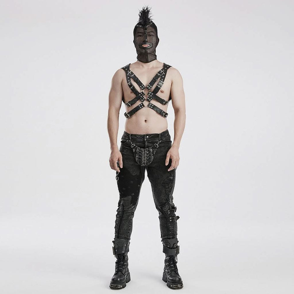 Front view of black gothic mask with distressed mohawk and sleek PU leather lining

