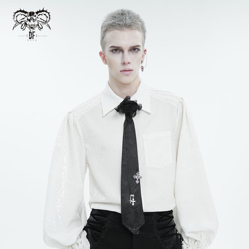 Front view of Conjure gothic men’s necktie with ornate detailing and a 3D black rose centerpiece.