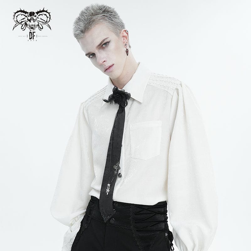 Model wearing Conjure necktie styled with gothic attire, highlighting the intricate rose and pendant accents.