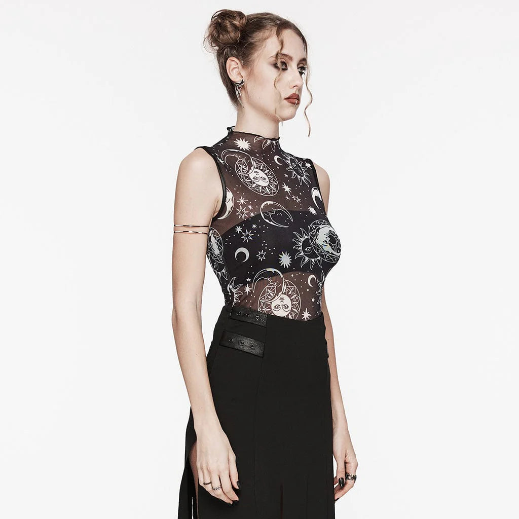 Side view of the model wearing the Coven celestial top. Slim fitted silhouette with sheer mesh fabric clinging to the body. Astronomical print continues seamlessly across the side panel. Sleeveless armhole and mock neckline visible in profile.
