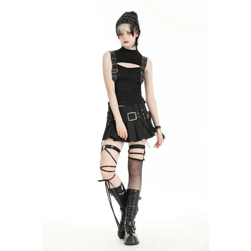 Full front view of Bewitched gothic top, showcasing its edgy design with a stand collar, visible buckle accents, and intricately distressed knit material.