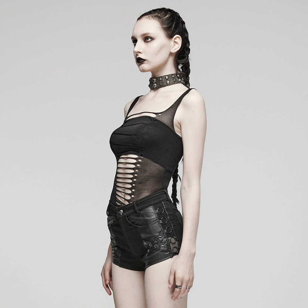 Side view of gothic women's slim-fitted tank top with distressed black knit fabric.