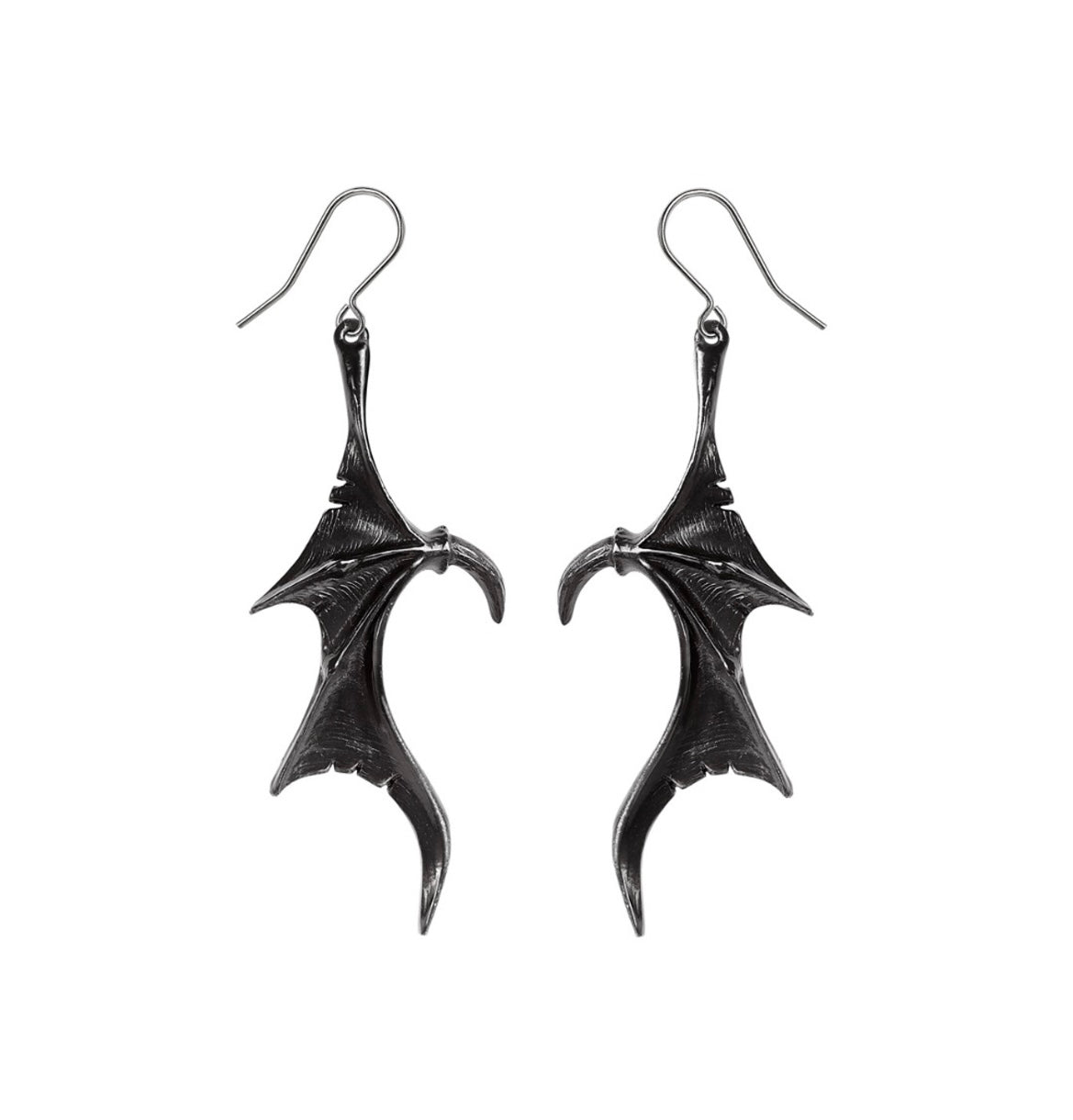 Pair of symmetrically opposite black pewter dragon wing earrings on surgical steel ear-wires, with intricate detailing and fine antique finish.