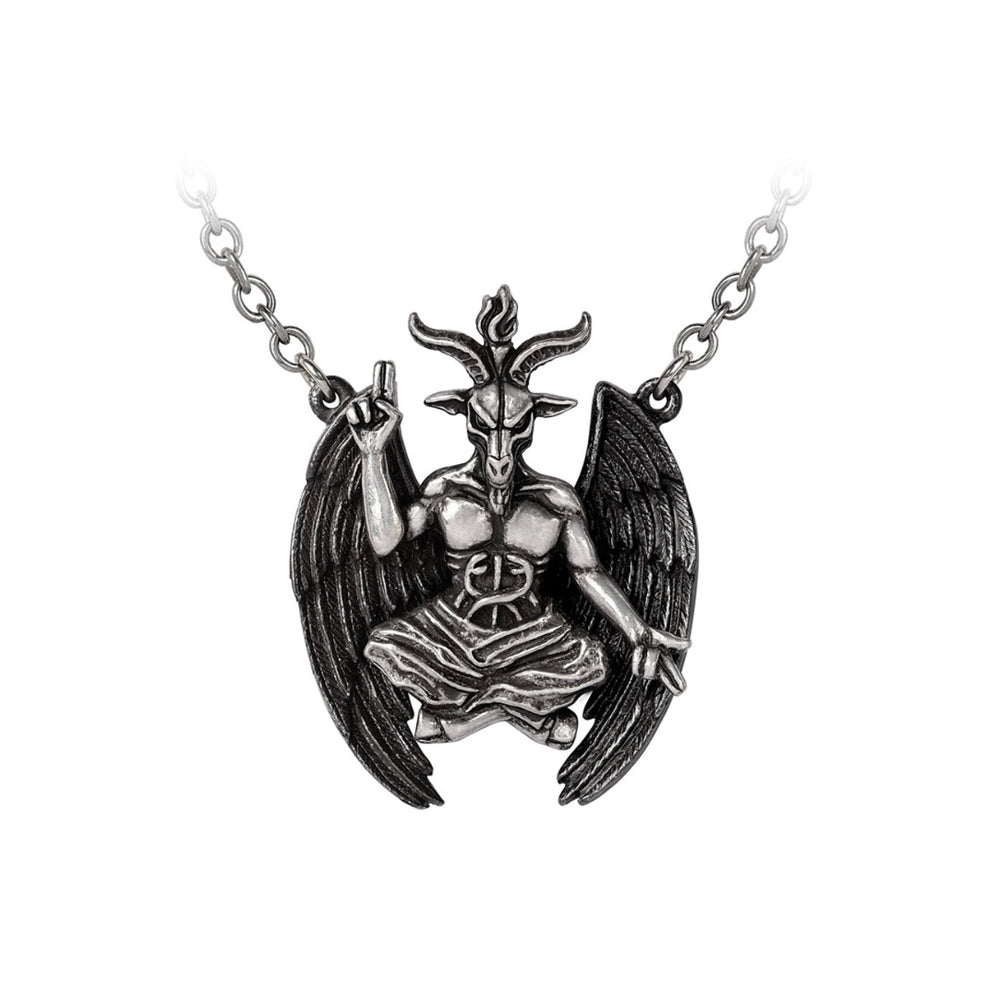 The Personal Baphomet-Necklace features a handcrafted pendant with darkened pewter wings and a polished pewter body. A striking representation of Baphomet, symbolizing duality and mysticism.