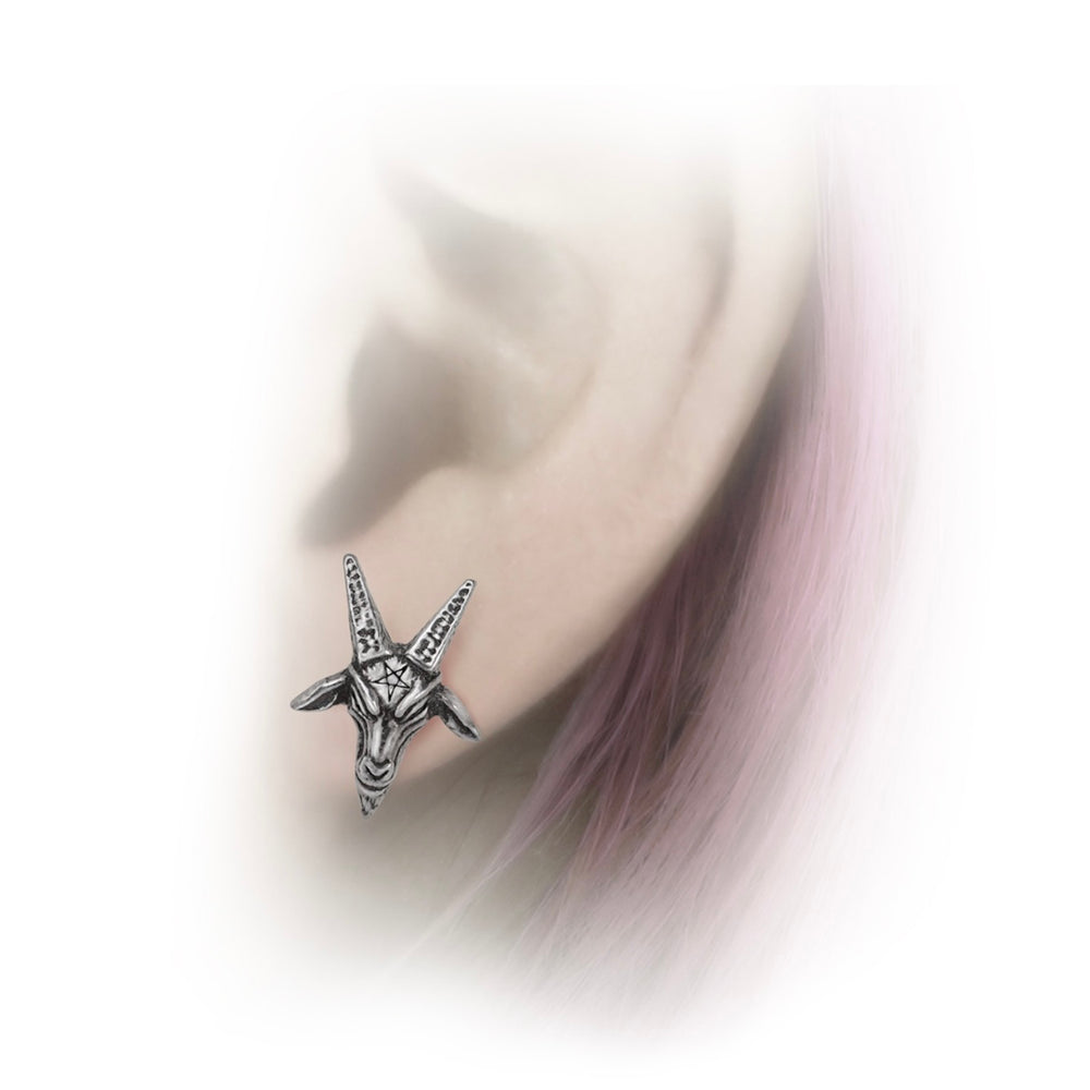 The Hail Baphomet-Studs feature the iconic goat-headed Baphomet, symbolizing balance and occult power. Crafted in fine pewter, these earrings are ideal for adding a touch of mysticism to any look.