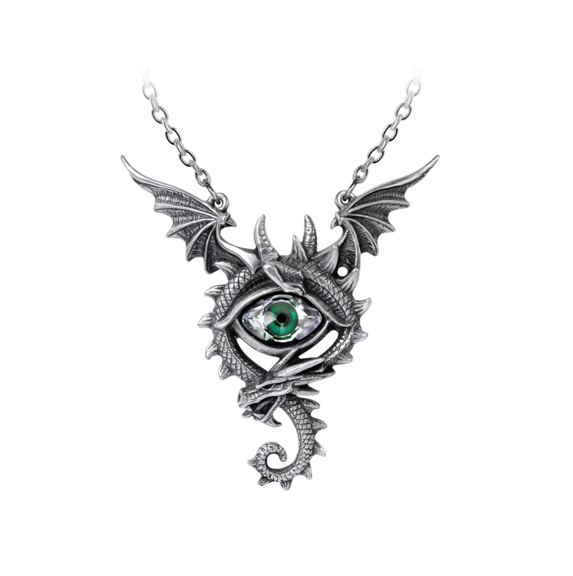 A dramatic pewter dragon pendant with wings spread wide, featuring a deep emerald Austrian crystal as its eye. Suspended from a short split chain, this necklace exudes strength and mythical energy.