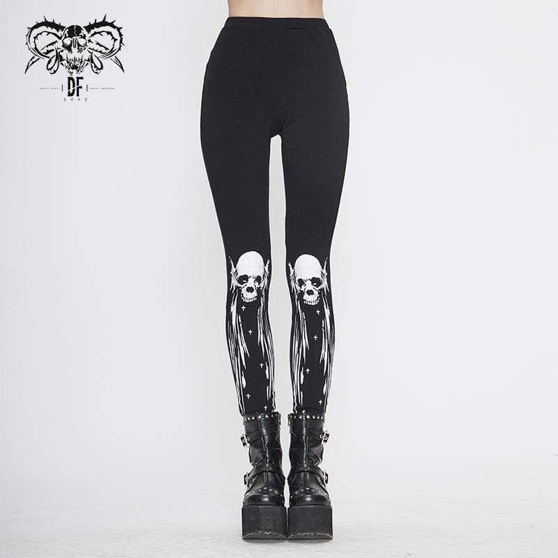 Front view of the Dance With The Devil Gothic Women's Black Leggings, featuring a bold white skull print and high-rise design for a striking, edgy look.