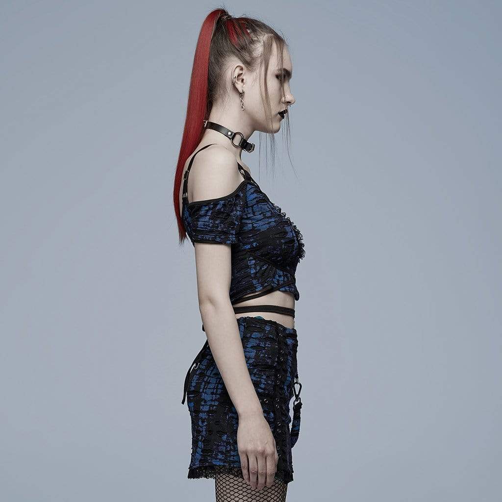 Side view of the Blue Viper Gothic crop top with black and blue color contrast and jersey knit fabric.