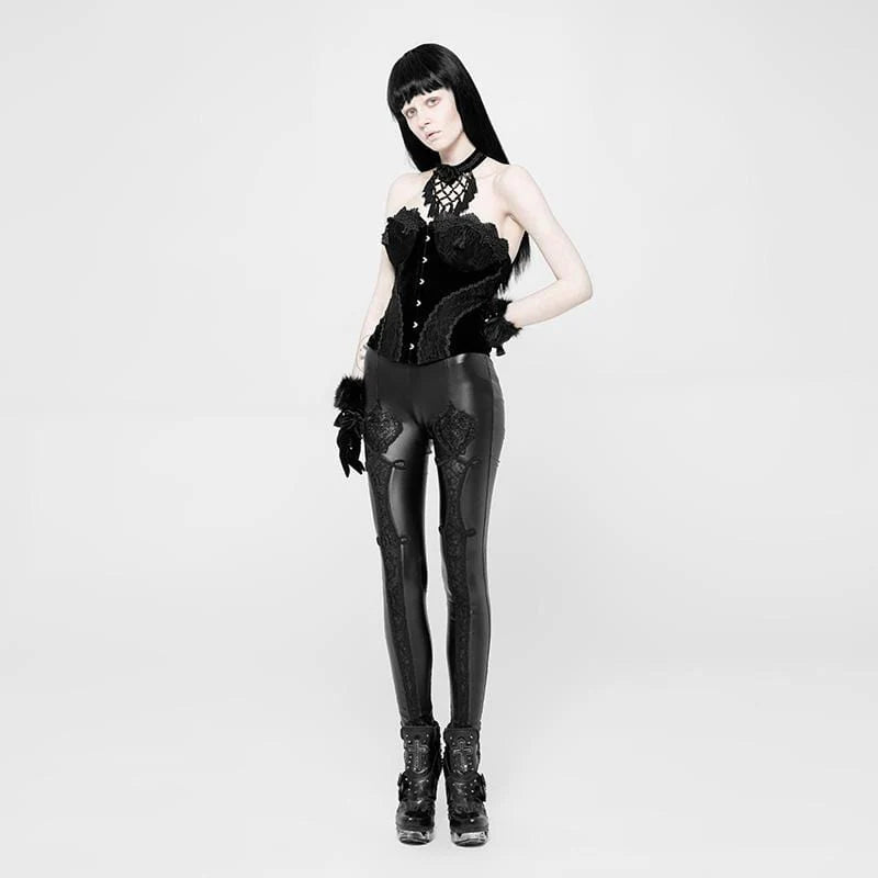 Model wearing the Six Feet Under Gothic Leggings, showcasing embroidered lace inserts and faux leather finish.