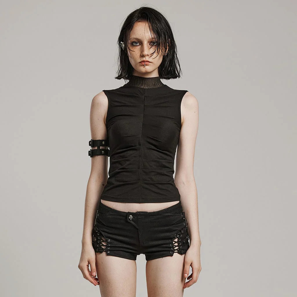 Model wearing the Death Bed Gothic women's top — a slim-fitted sleeveless top with pleated black knit fabric, ruched lycra center, and high mesh mock neckline.