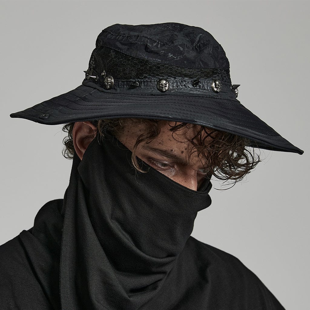 Front view of Death In Disguise gothic men's bucket hat featuring wide brim, honeycomb texture mesh, spike rivets, and skull studs.