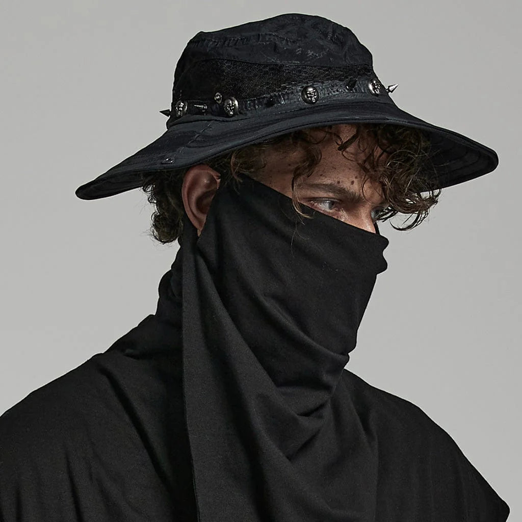 Close-up of Death In Disguise bucket hat highlighting the honeycomb mesh texture, skull studs, and spike rivets for an edgy gothic look.