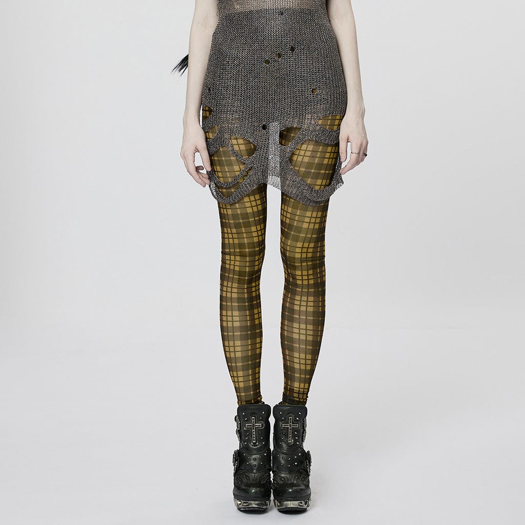 Close-up of the Demise gothic women's plaid leggings, highlighting the elastic waistband, high-rise fit, and slightly sheer mesh panels for a bold, edgy style