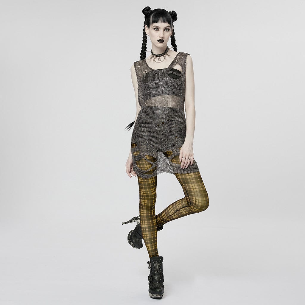 Model wearing the Demise gothic women's plaid leggings, featuring an elastic waistband, high-rise design, built-in shorts, and slightly sheer mesh detailing for an edgy, layered look.