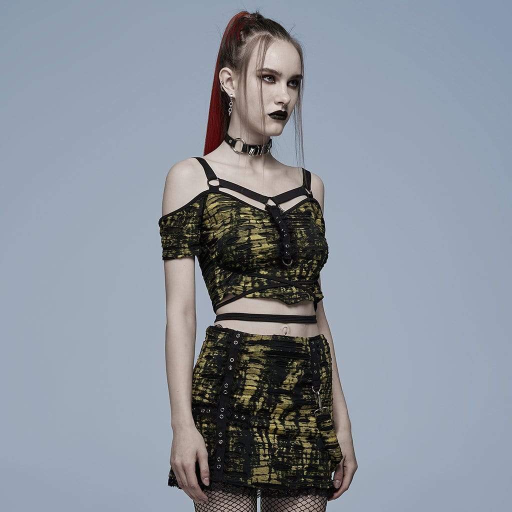 Side view of the gothic women's top with eyelet tape accents and a fitted, cropped silhouette in black and yellow.