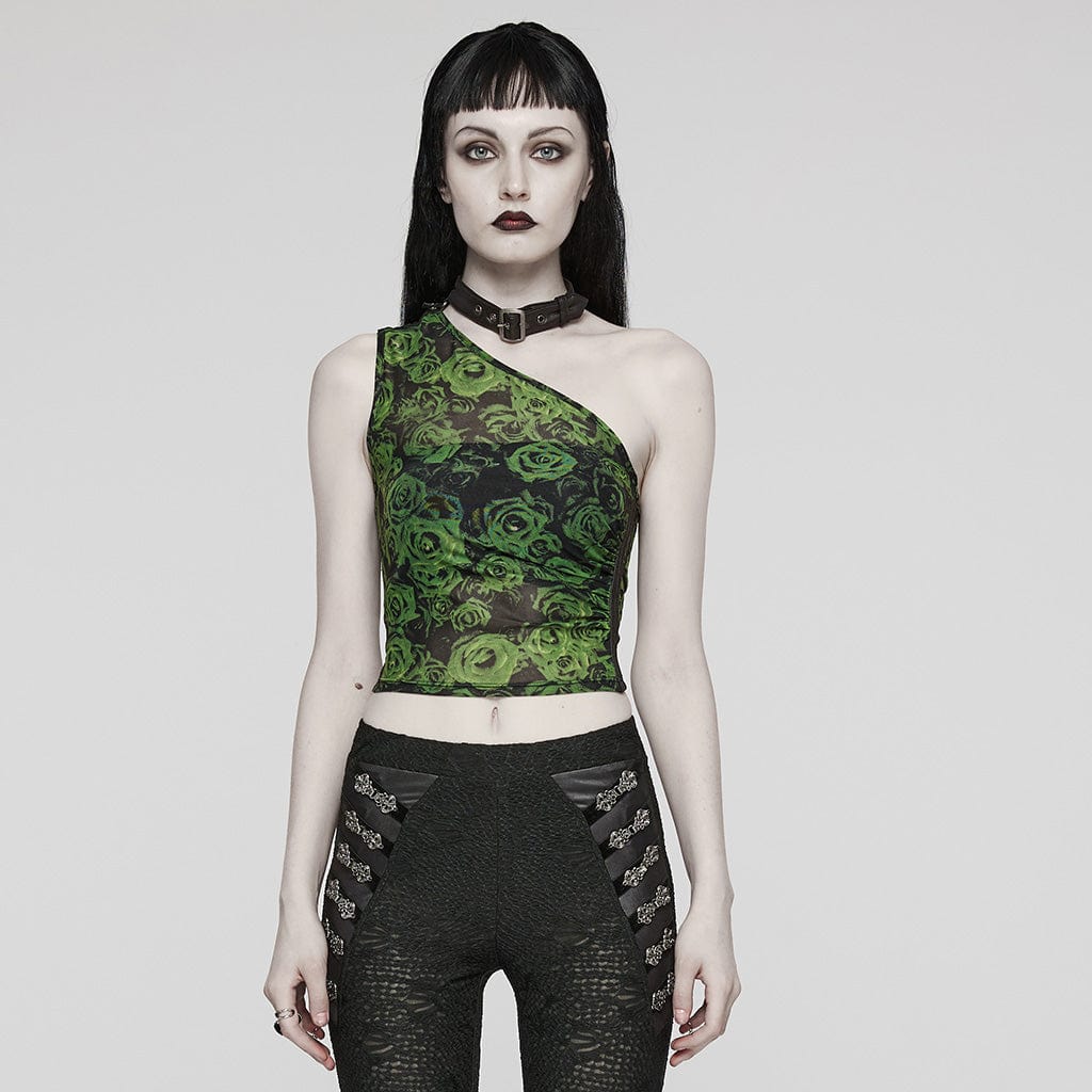 Front view of Gothic Women's Asymmetrical Halter Top with black and green rose pattern, ruched side, and detachable choker.  