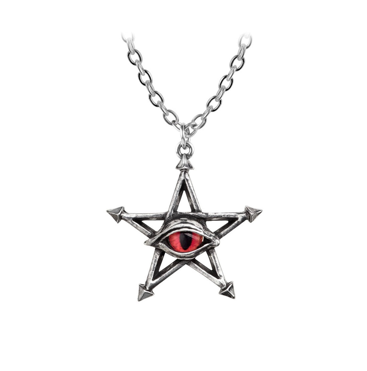 Close-up of The Red Curse-Pendant, showcasing the striking red synthetic snake eye set into a detailed pewter human eye, framed by an arrow-headed pentagram.