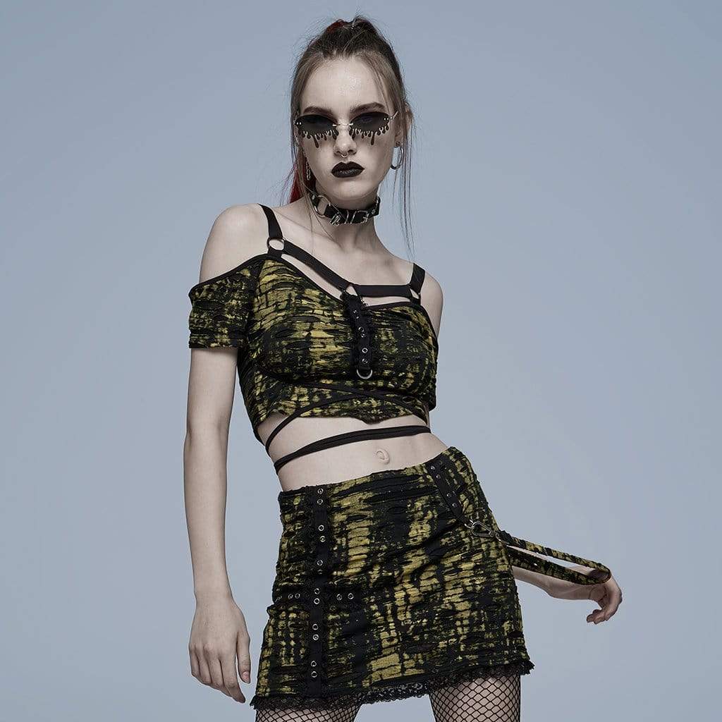 Front view of the gothic women's cropped top with black and yellow color combination, off-shoulder neckline, and adjustable shoulder straps.