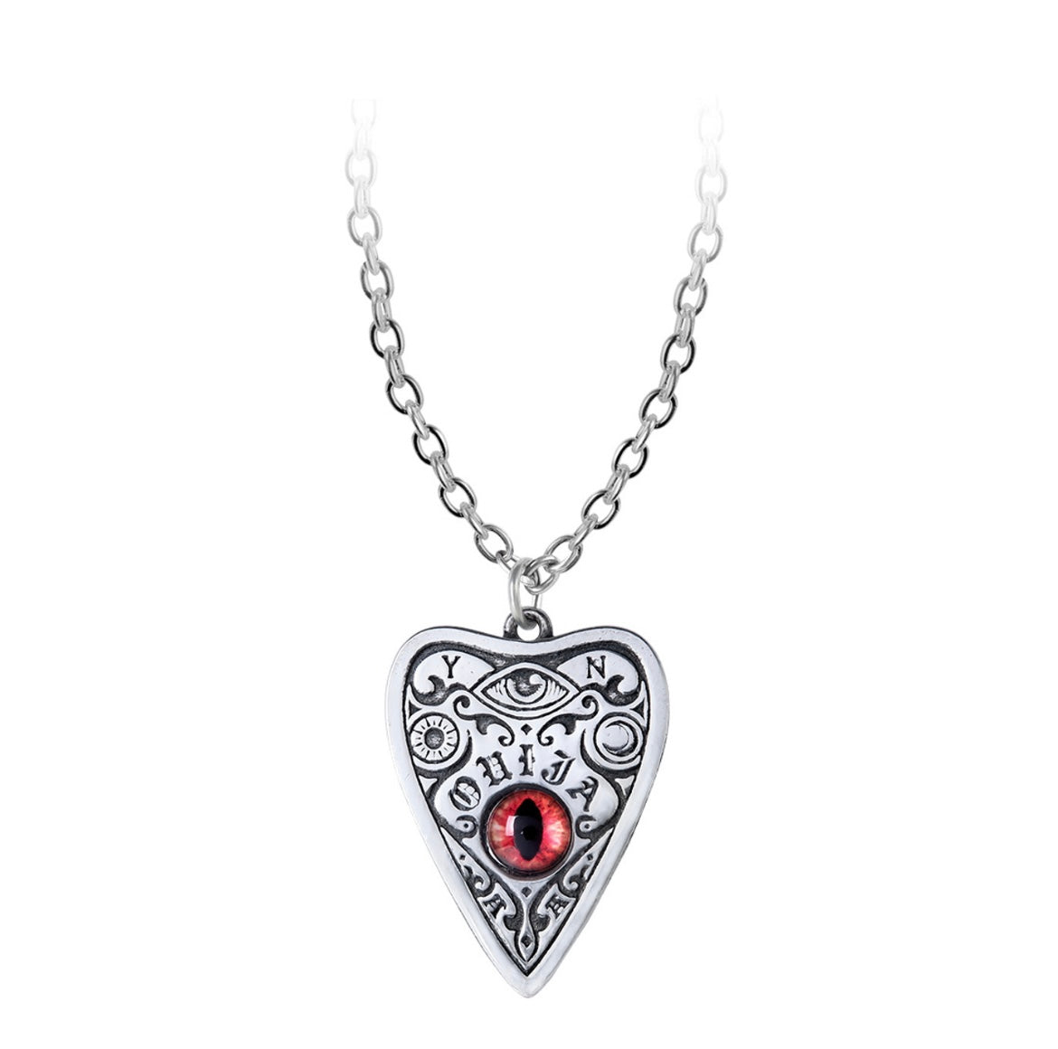A mystical Petit Ouija pendant crafted from fine English pewter, featuring a red faux taxidermy cat's eye. This gothic accessory, inspired by the power of talking boards, measures 1.54" in height, 1.10" in width, and 0.20" in depth. Suspended on an 18-inch chain, it connects you to the supernatural and adds a dark, occult-inspired touch to any outfit.