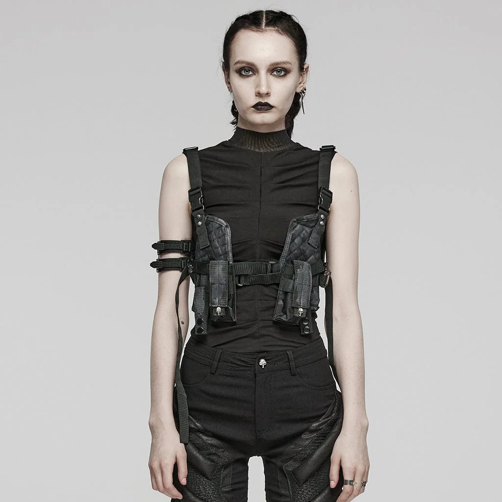 Model wearing IMMORTAL unisex gothic harness, showcasing adjustable straps, quilted details, skull rivets on pockets, and a military aesthetic.