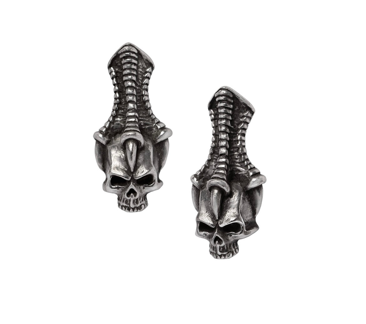 The Trophey-Earrings featuring a fierce claw gripping a skull, crafted from fine English pewter with surgical steel ear posts.