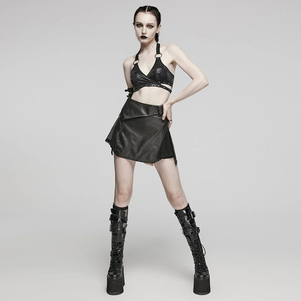Front view of Hexed gothic women's top featuring a halter bustier design with large iron rings and eyelet details.