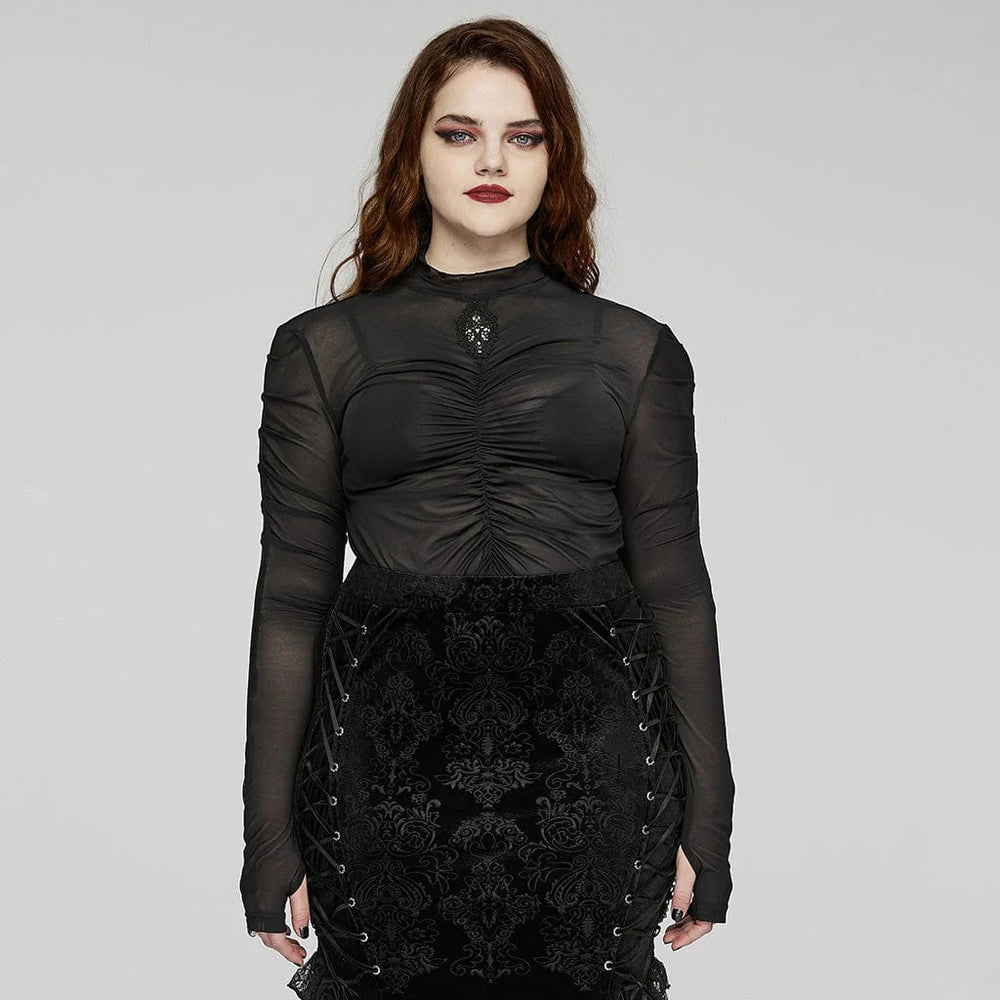 She-Devil Gothic Women's Shirt – Plus size exclusive with a mock neck, floral embroidery, and intricate pleats on the chest. Crafted from elastic mesh for a flattering fit.


