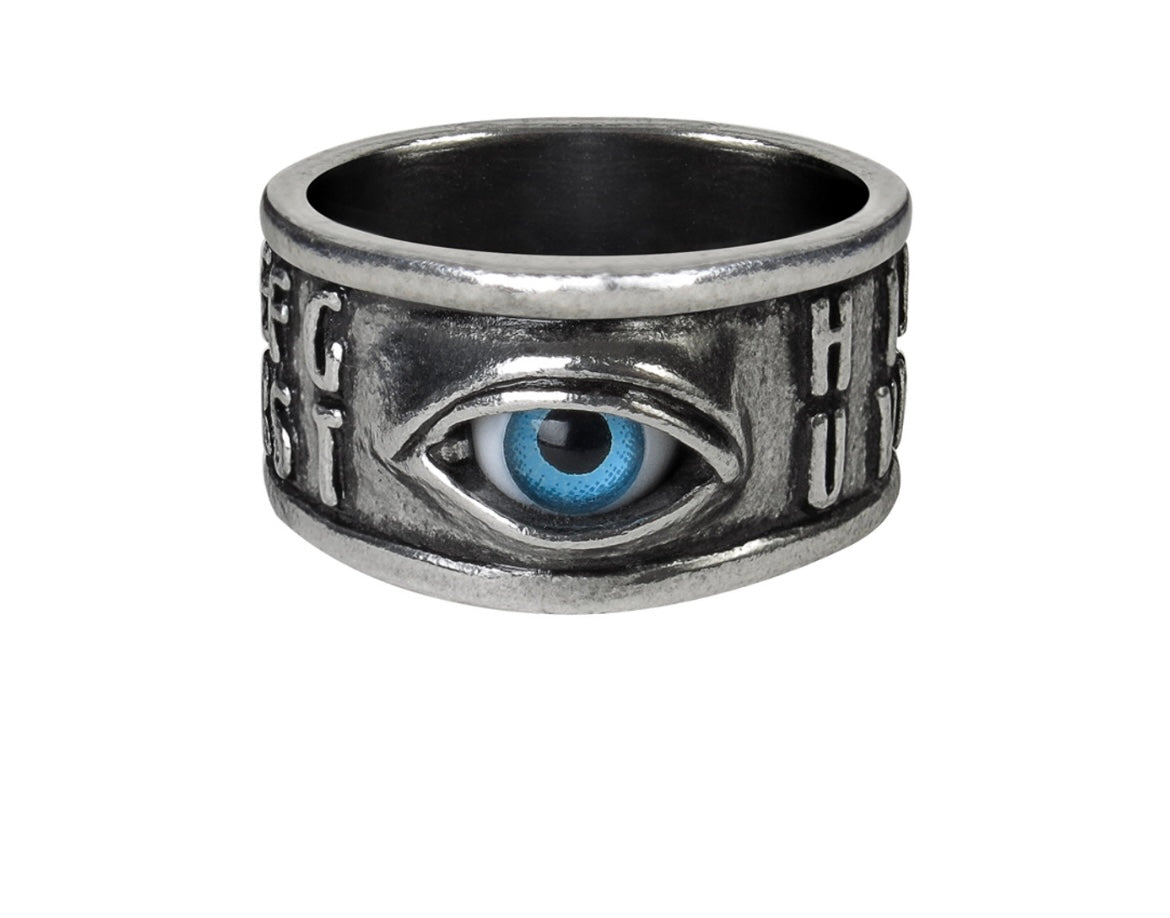 Close-up of The Ouija Eye-Ring, showcasing the alphabet engraved around the band with a taxidermal-style acrylic eye in the middle.