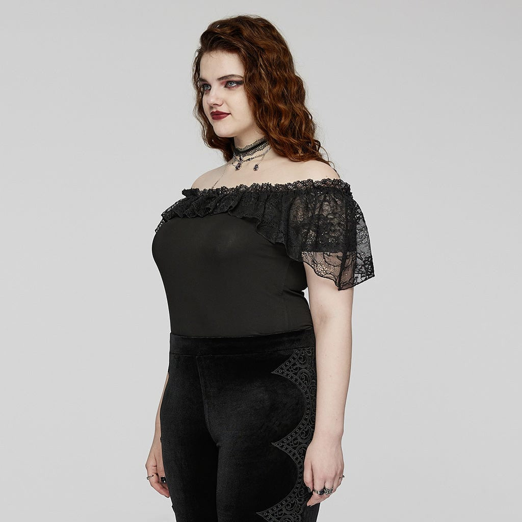 side view of Moonlight Gothic women's top highlighting the off-shoulder and ruffle detailing