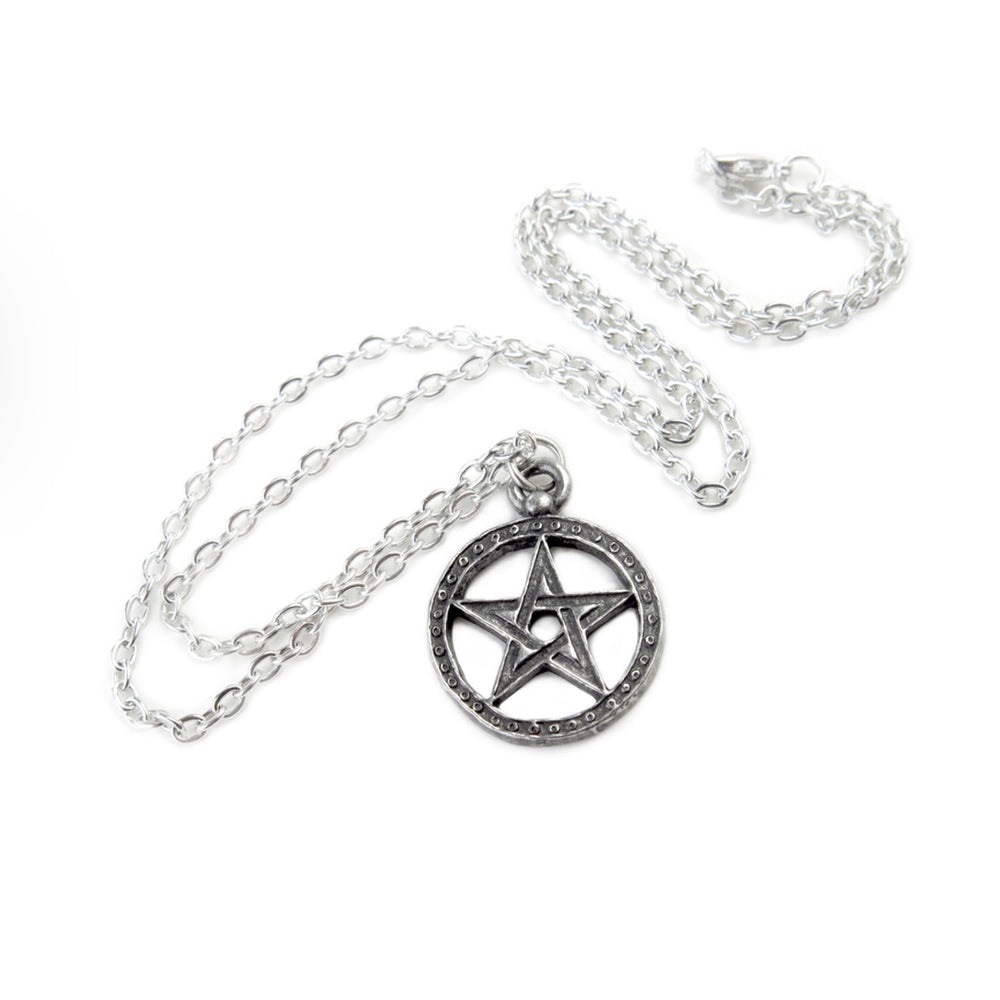Dante's Hex-Pendant featuring a medieval-style pentagram encircled in fine English pewter, hung on an 18-inch chain.