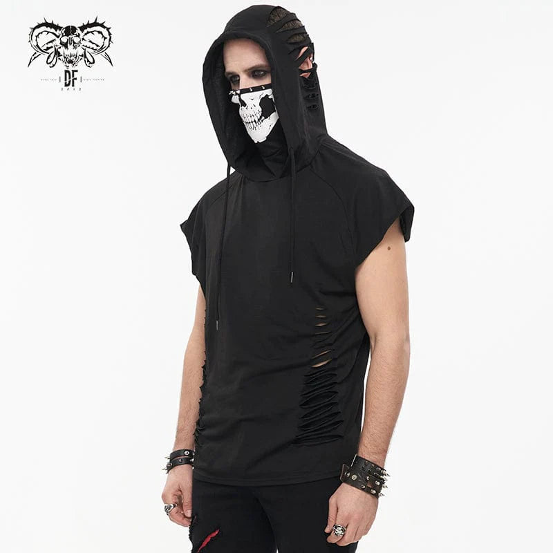 Hooded gothic men's top showcasing the sleeveless cut and lightweight, breathable fabric.