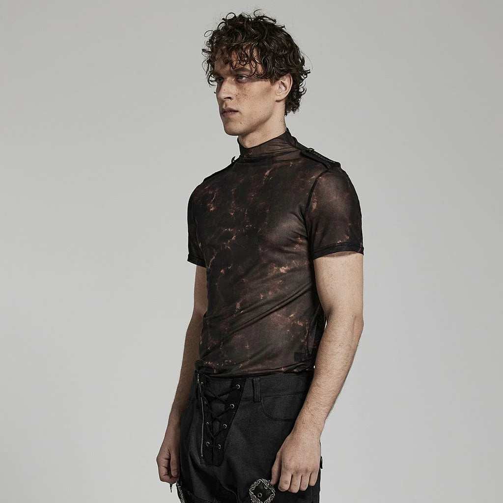 Side view of the Garter Serpent Gothic Men's Top, emphasizing the slim-fitted silhouette and high-quality mesh fabric with tie-dyed abstract detailing.