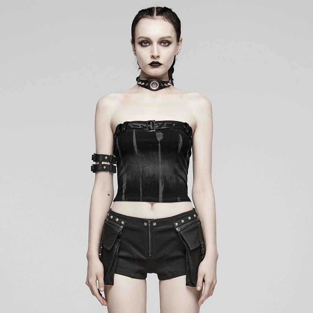 Front view of gothic bustier-style sleeveless top featuring a buckle with rivets at the neckline.  