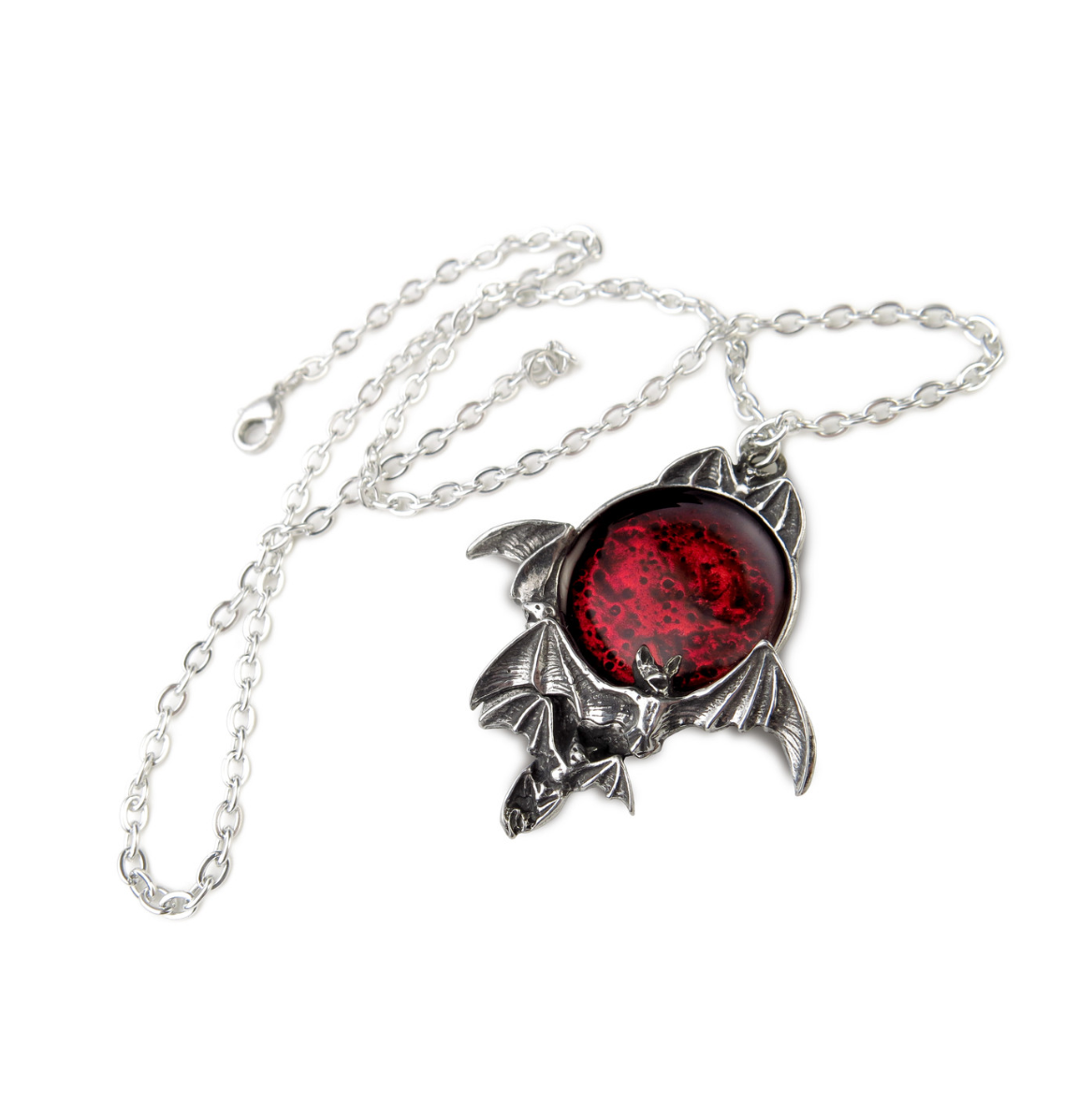 Blood Moon-Pendant featuring a red enamel full moon surrounded by detailed pewter bats on a 21-inch chain.