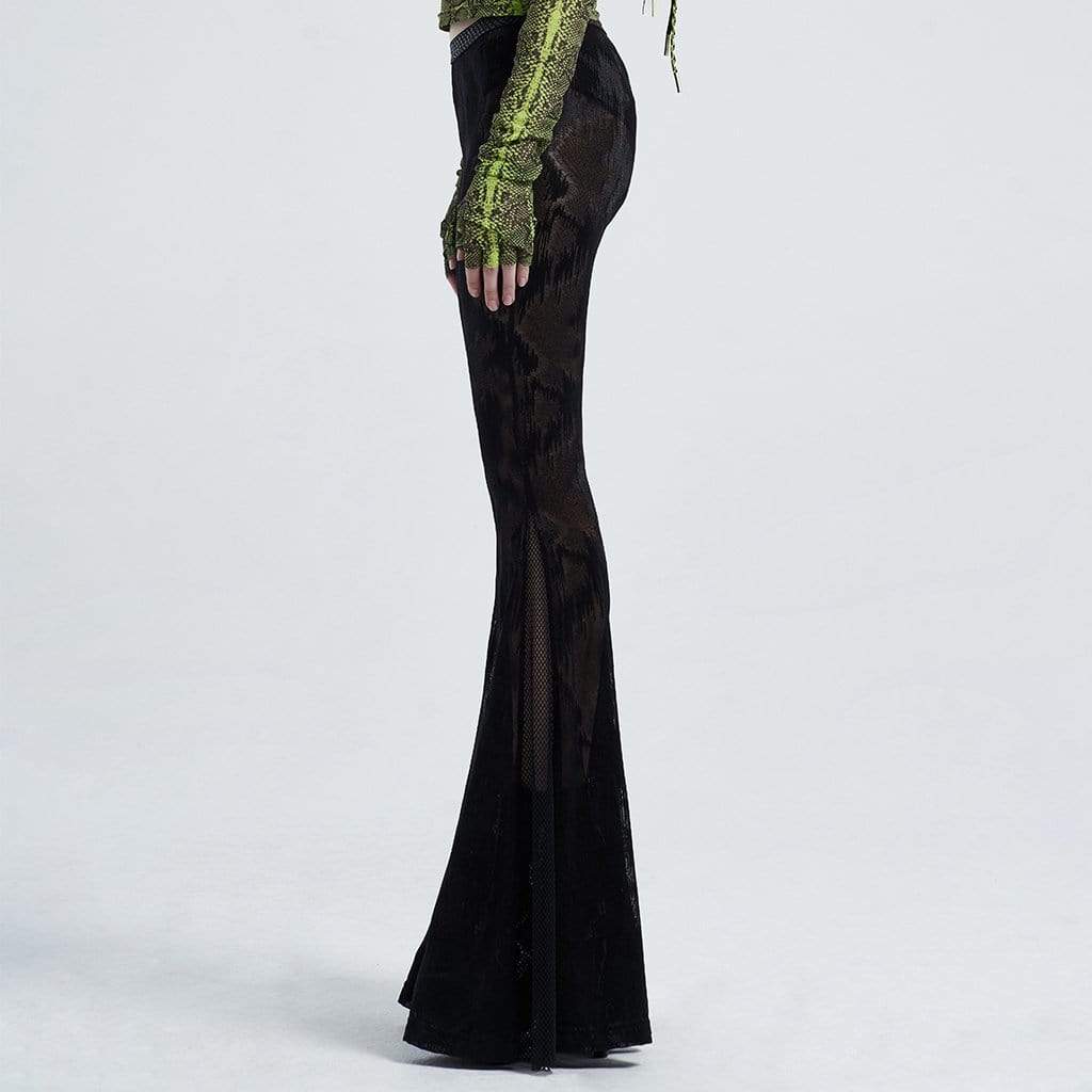 Side view of gothic women’s flare pants with snakeskin print, featuring a high-quality spandex material, elastic waistband, and dramatic flare cut.