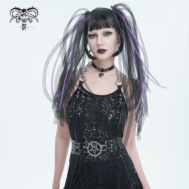 Front view of Fallen Angel gothic women’s harness featuring double black straps and silver pentagram pendant.