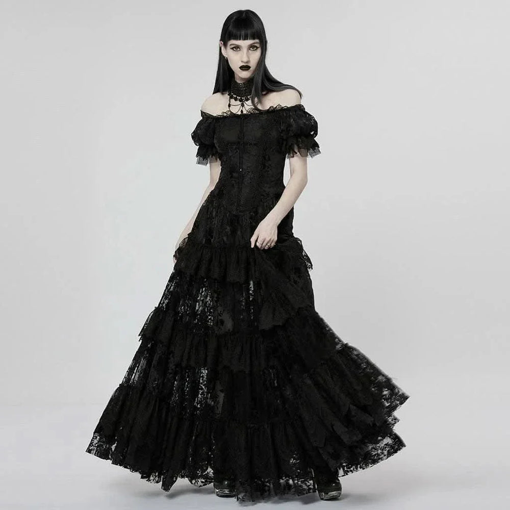 Model wearing the Graveyard Queen Dress facing forward, showcasing the intricate front lace and inverted triangle waistline design.