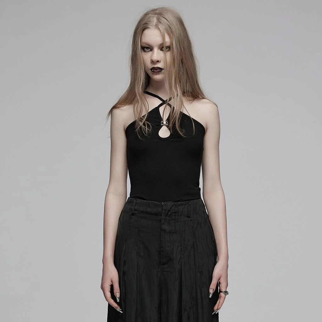 Front view of the Hecate gothic women's black top, featuring a halter neckline, sleeveless design, slim fit, and adjustable straps, with a small metallic closure. The versatile top can be worn two different ways for a unique look.