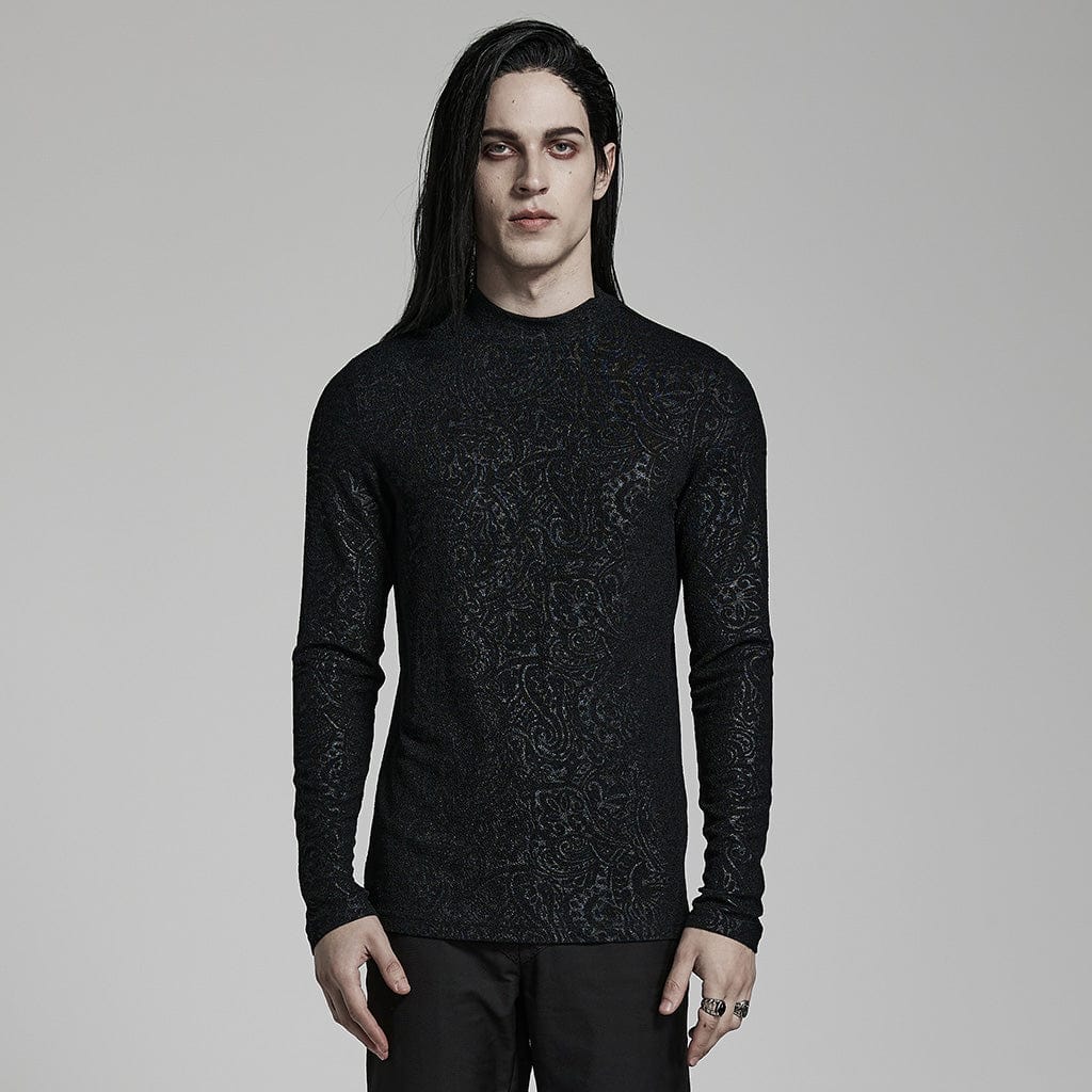Gothic men's long-sleeve top featuring a high neckline and mesh panels on the front and back. The sleeves are made of solid black fabric, creating a sleek and fitted silhouette. The mesh adds texture and a subtle contrast, highlighting the modern gothic design.