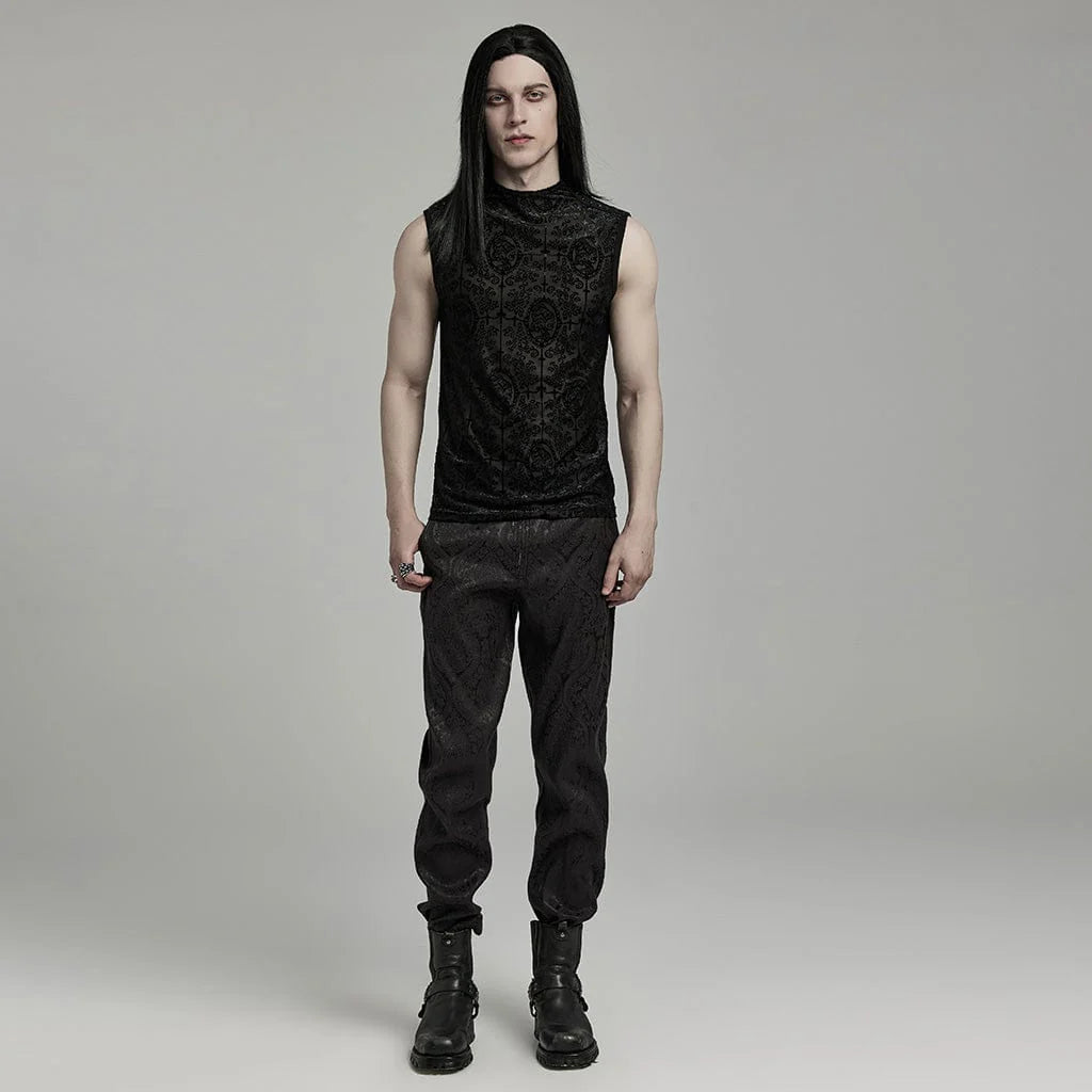 Front view of the Gothic men's fitted top with sleeveless design, featuring intricate patterned mesh and bold black studs on the shoulders. The high neckline enhances the edgy, modern aesthetic, made from a durable fabric blend of 59% polyester, 30% polyamide, and 11% elastane for a sleek fit.