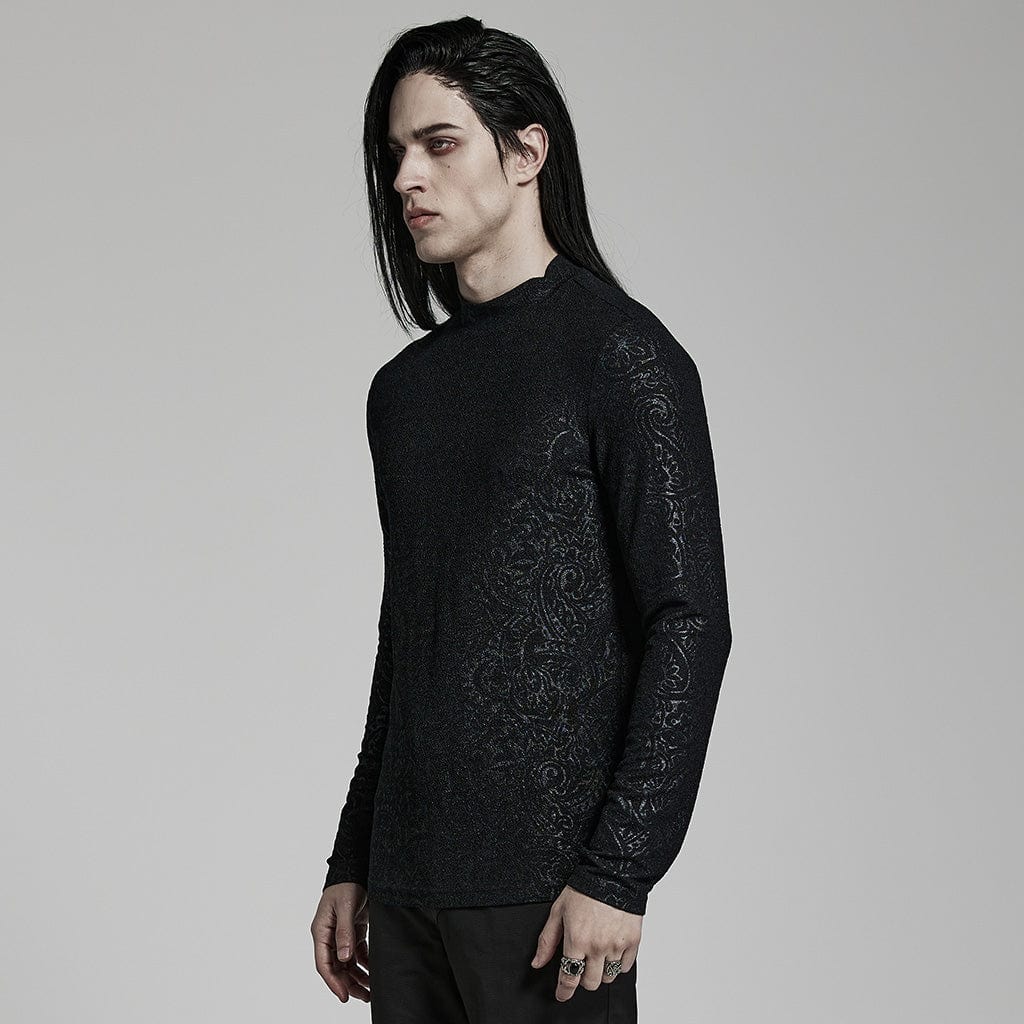A side view of the Gothic men's fitted top reveals its slim, contouring fit. The mesh panels on the front and back are visible, adding dimension to the overall design. The black fabric of the sleeves contrasts sharply with the sheer mesh, enhancing the gothic aesthetic.