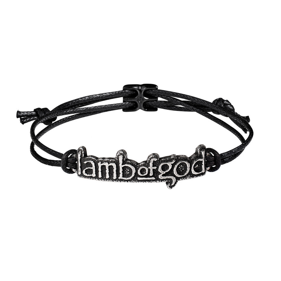 Pewter Lamb of God bracelet featuring a 3D sculpted logo, displayed on a doubled black waxed cord with an adjustable pewter slide fastener.