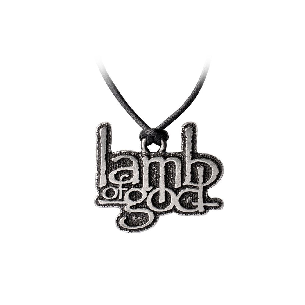 Pewter Lamb of God pendant featuring the band’s stacked logo design, hanging from a black waxed cord, displayed against a dark gothic background.