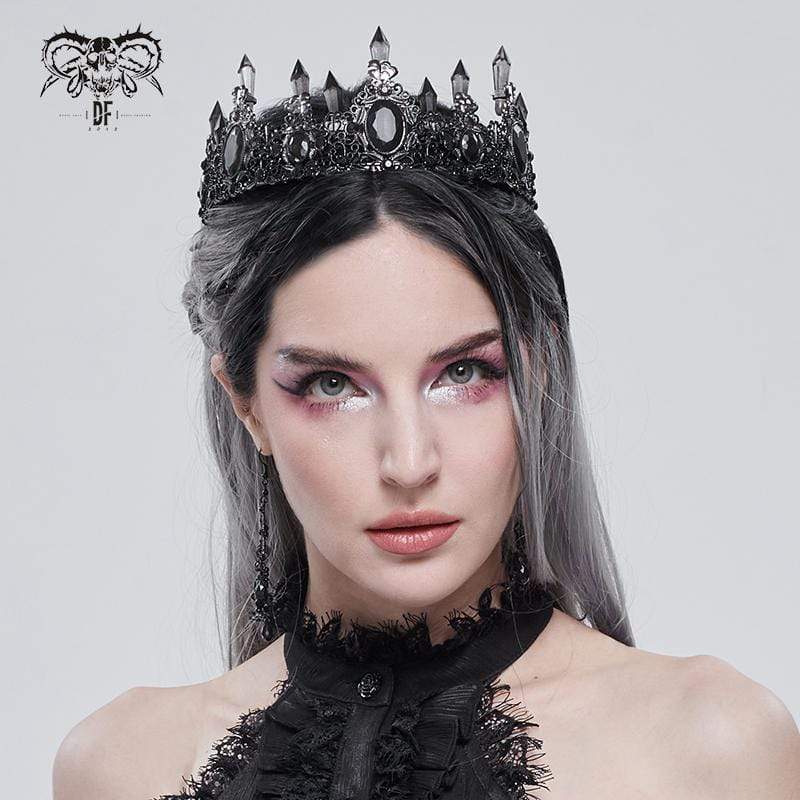 Gothic women's crown with ornate Victorian detailing, featuring black crystals and gemstone accents on a black zinc alloy headpiece, styled with loop fastenings for secure wear.